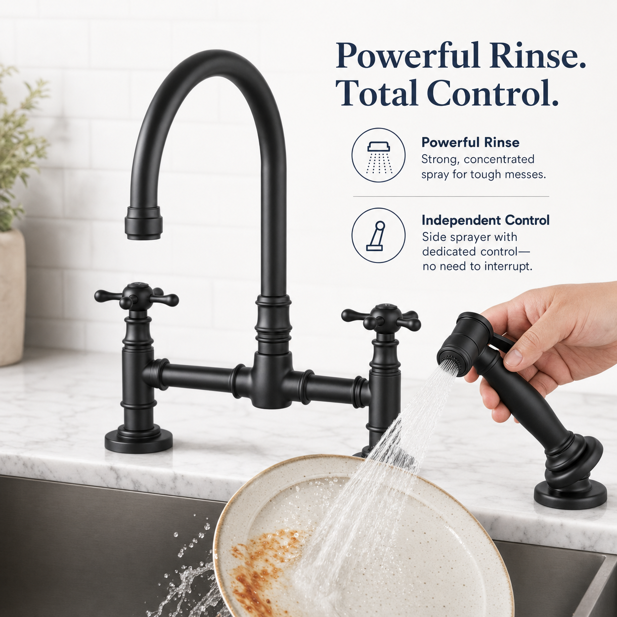 Farmhouse Two Handle 4-Hole Bridge Kitchen Faucet with Side Sprayer, Matte Black