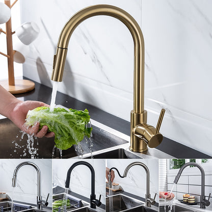 Modern Pull-Down Kitchen Faucet, Single-Handle Swivel Spout Faucet, Matte Black / Brushed Gold / Brushed Nickel / Chrome / Gunmetal