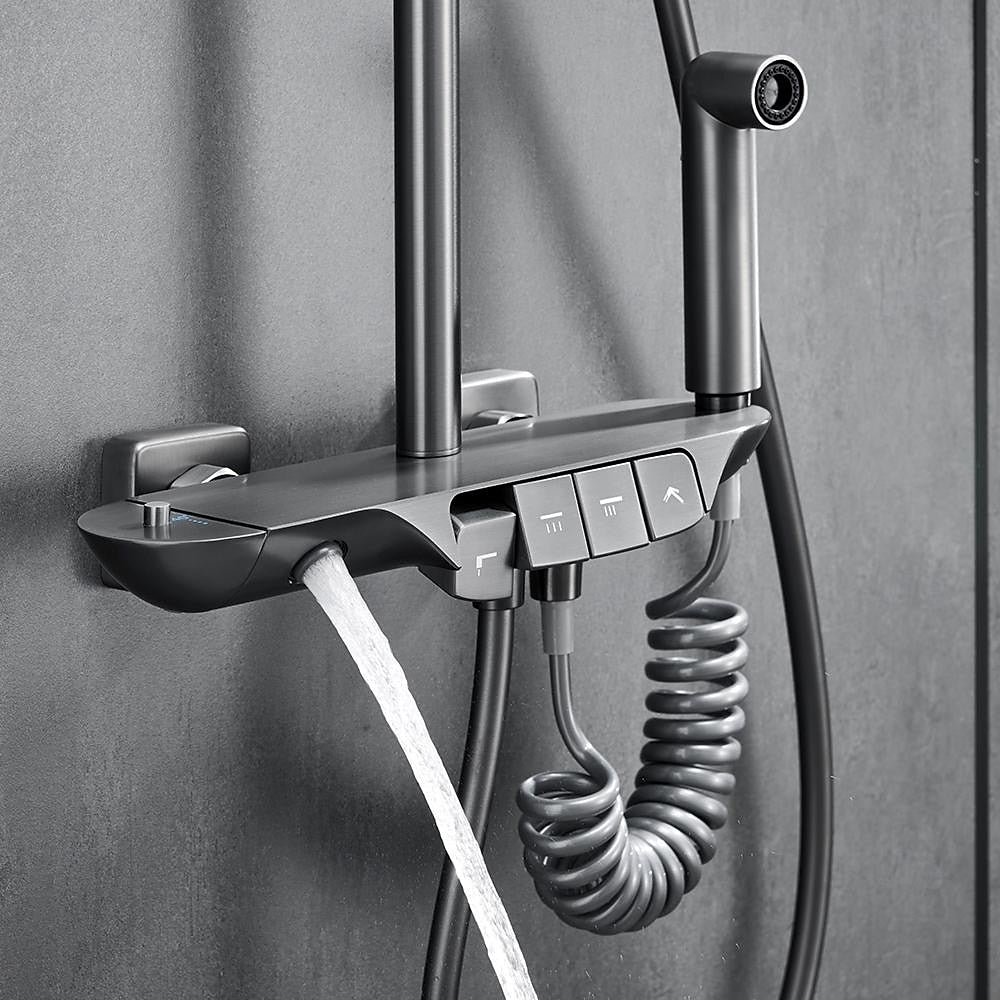 Thermostatic Wall-Mount Shower System, Multi-Function Rainfall Faucet with Handheld Shower, Chrome / Gunmetal