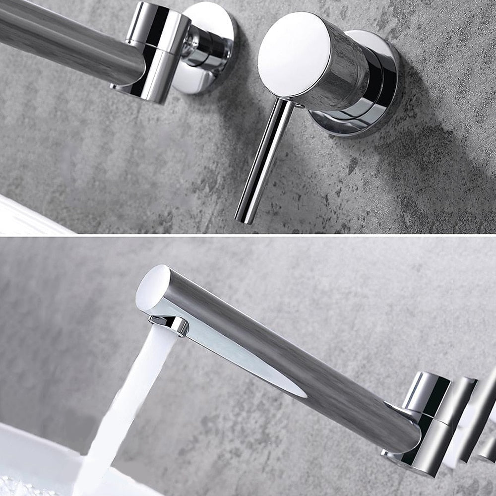 Modern Wall-Mount Single-Handle Bathroom Faucet, Swivel Spout Brass Basin Faucet, Chrome / Matte Black