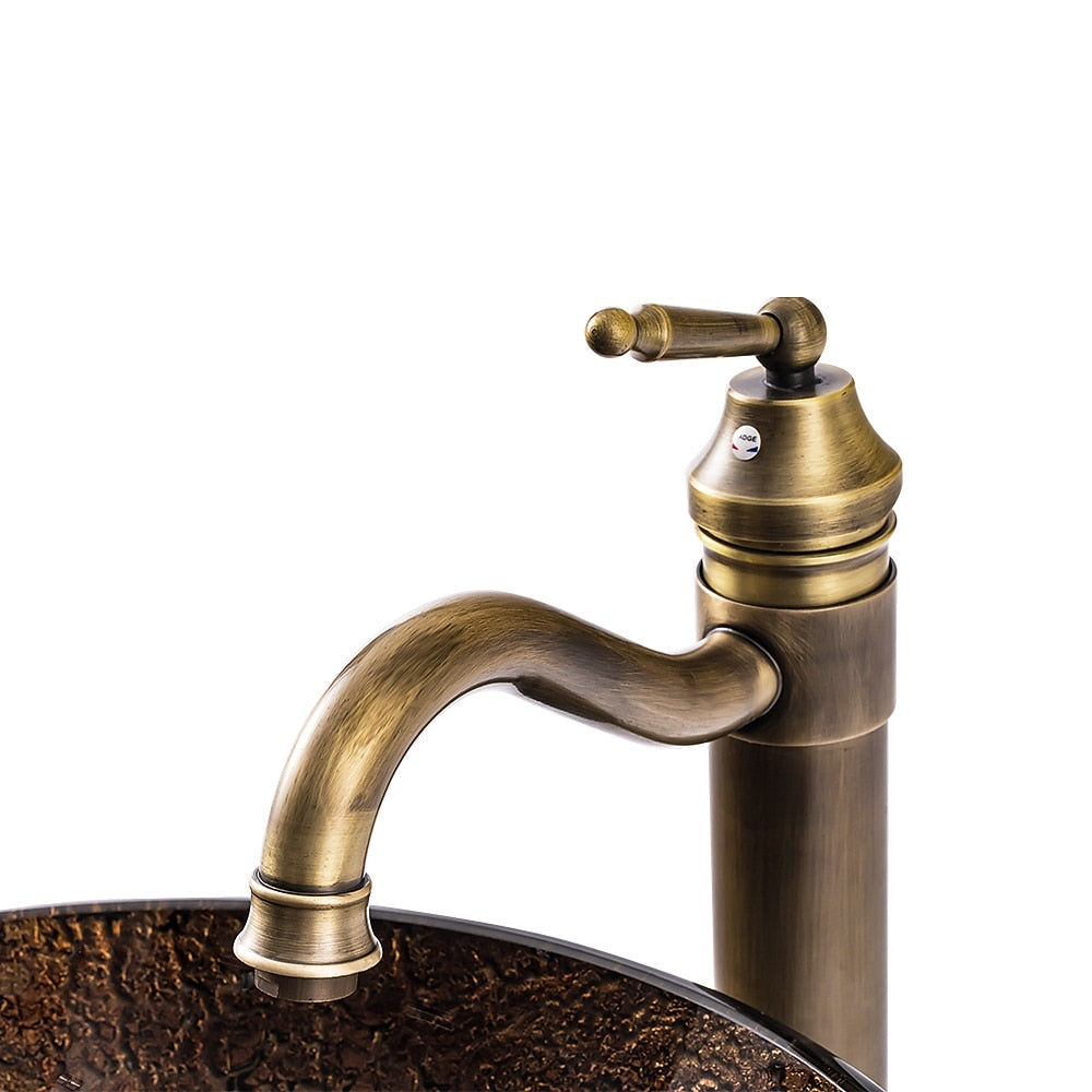 Antique Brass Round Tempered Glass Bathroom Vessel Sink, Faucet Combo, Single-Handle Faucet with Pop-Up Drain