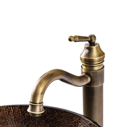 Antique Brass Round Tempered Glass Bathroom Vessel Sink, Faucet Combo, Single-Handle Faucet with Pop-Up Drain