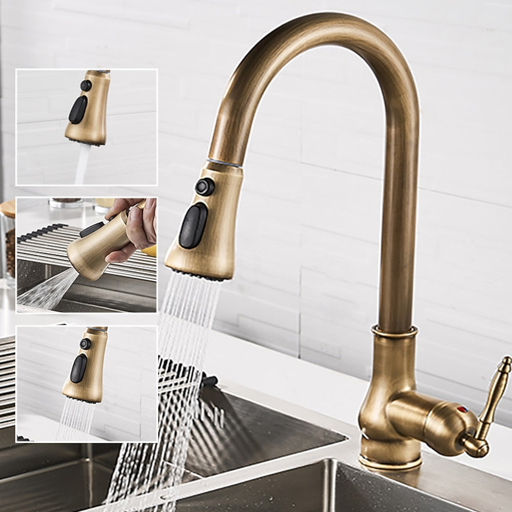 Antique Brass Retro Kitchen Faucet, Deck-Mount Single-Handle Pull-Out Faucet with Soap Dispenser / Pop-Up Drain