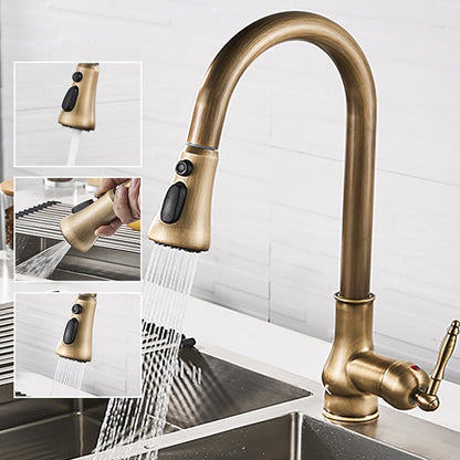 Antique Brass Retro Kitchen Faucet, Deck-Mount Single-Handle Pull-Out Faucet with Soap Dispenser / Pop-Up Drain