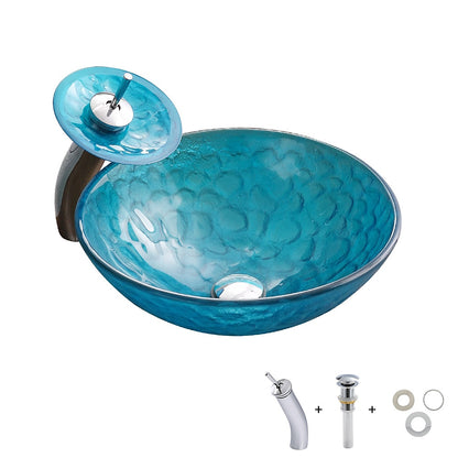 Blue Tempered Glass Vessel Sink with Chrome Waterfall Faucet, Modern Single-Hole Bathroom Vanity Basin Set with Pop-Up Drain