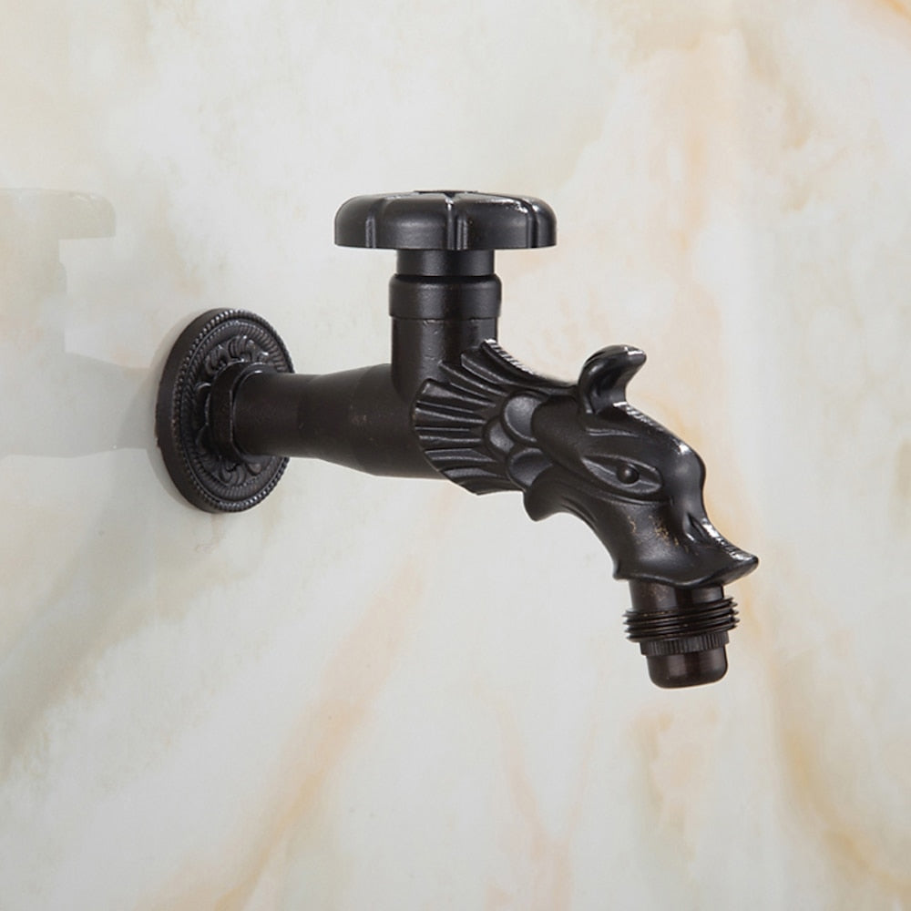 Vintage Dragon Wall-Mount Garden Faucet, Single Wheel Handle Outdoor Faucet, Antique Brass / Matte Black / Brushed Gold