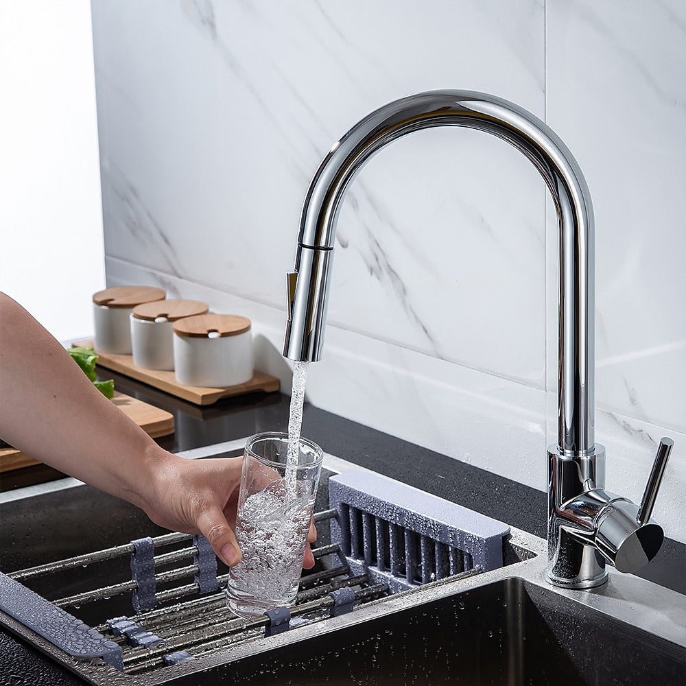 Modern Pull-Down Kitchen Faucet, Single-Handle Swivel Spout Faucet, Matte Black / Brushed Gold / Brushed Nickel / Chrome / Gunmetal