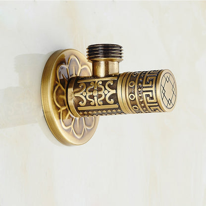 Retro Carved Brass Angle Valve, Wall-Mount Water Shut-Off Valve, Antique Brass / Matte Black / Polished Gold