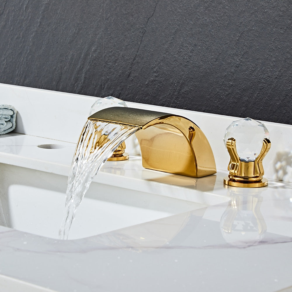 Waterfall Bathroom Faucet, Modern 3-Hole Widespread Faucet, Double Crystal Handle Faucet, Matte Black / Chrome / Brushed Gold / Polished Gold
