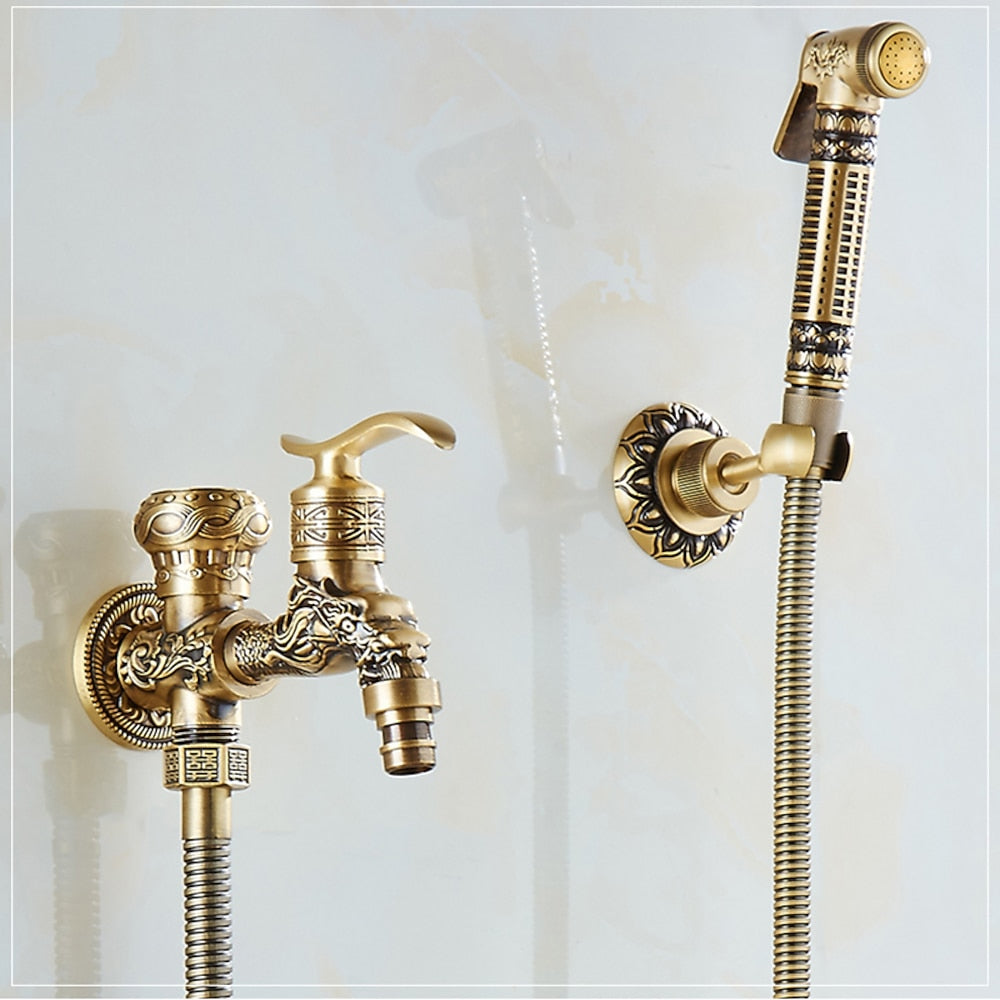Antique Brass Wall-Mount Bidet Faucet, Handheld Toilet Sprayer Set