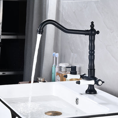 Antique Single-Hole Bathroom Faucet, Dual Ceramic Handle Swivel Spout Faucet, Antique Brass / Brushed Nickel / Chrome / Matte Black / Polished Gold