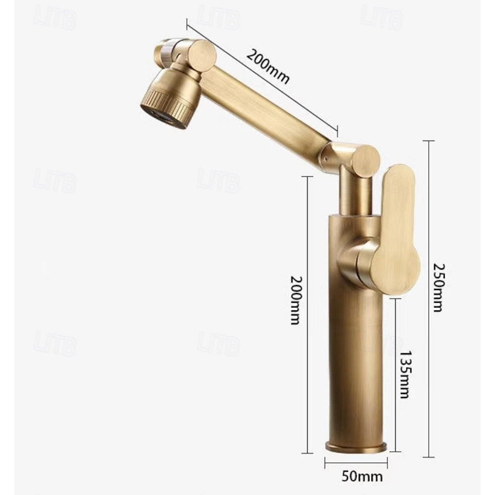 Single-Handle Swivel Arm Bathroom Faucet, Single-Hole Basin Faucet with Dual Spray Nozzle, Antique Brass / Brushed Gold / Chrome / Gunmetal / Matte Black