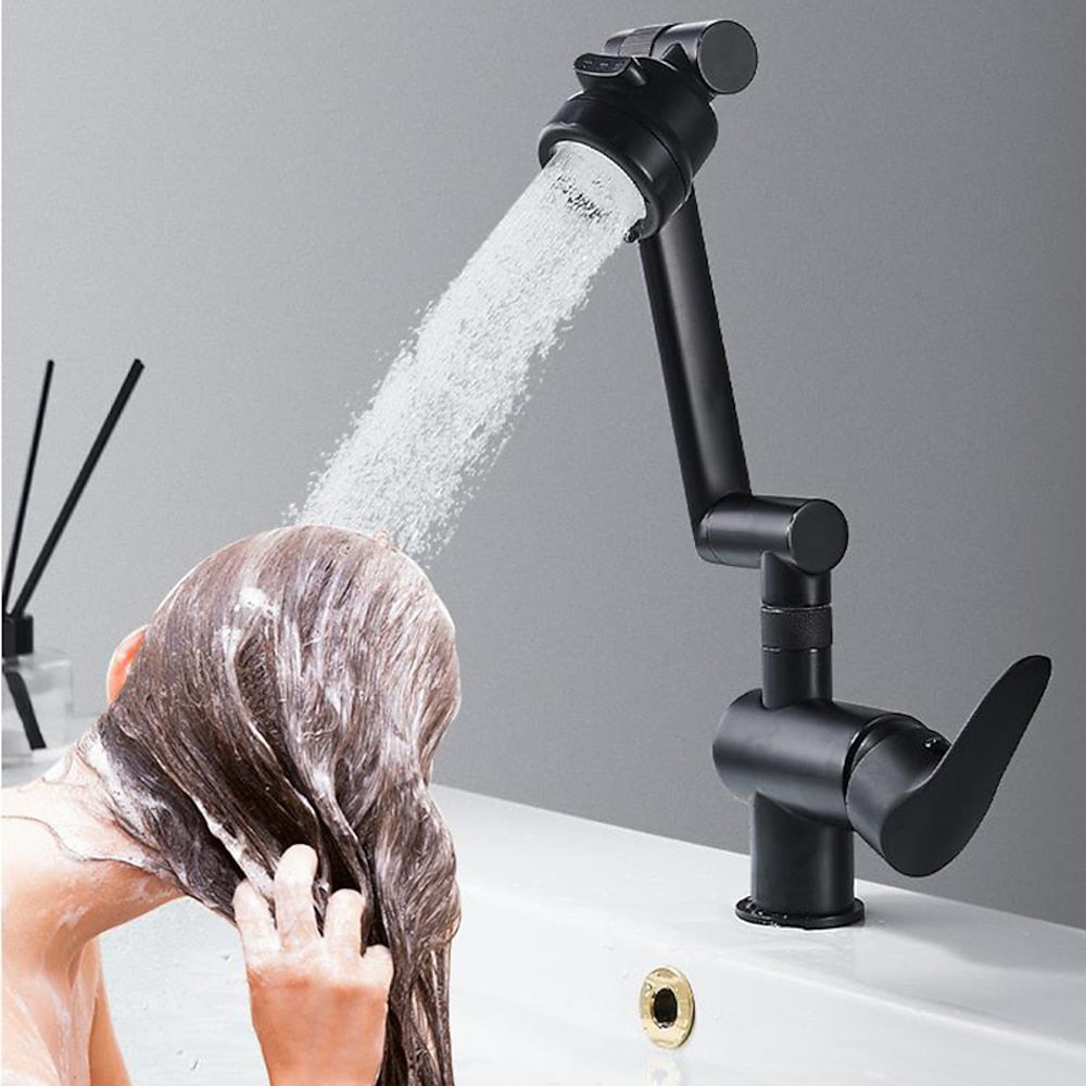 Height-Adjustable Modern Bathroom Sink Faucet, Single-Hole Swivel Spout Faucet, Matte Black / Chrome