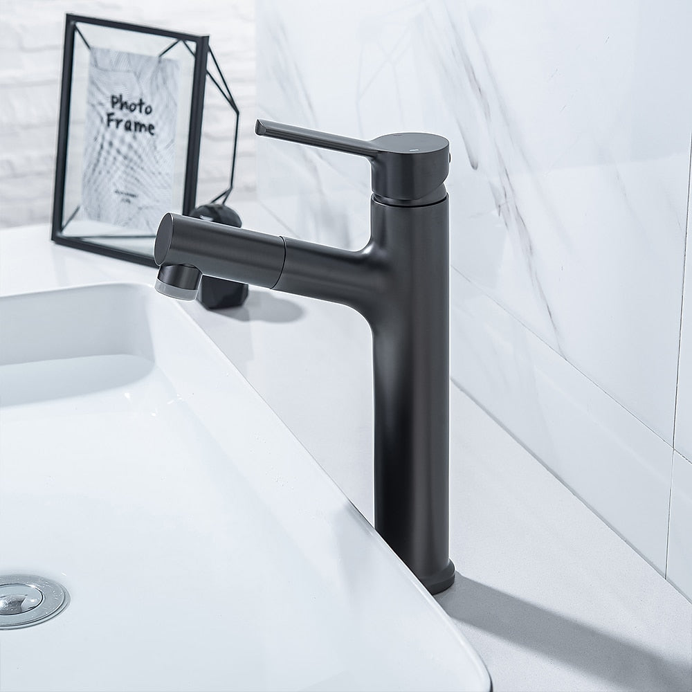 Pull-Out Single-Hole Bathroom Faucet, Modern Single-Handle Basin Faucet with 2-Mode Sprayer, Matte Black / Brushed Gold / Gunmetal