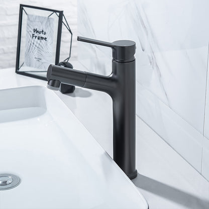 Pull-Out Single-Hole Bathroom Faucet, Modern Single-Handle Basin Faucet with 2-Mode Sprayer, Matte Black / Brushed Gold / Gunmetal