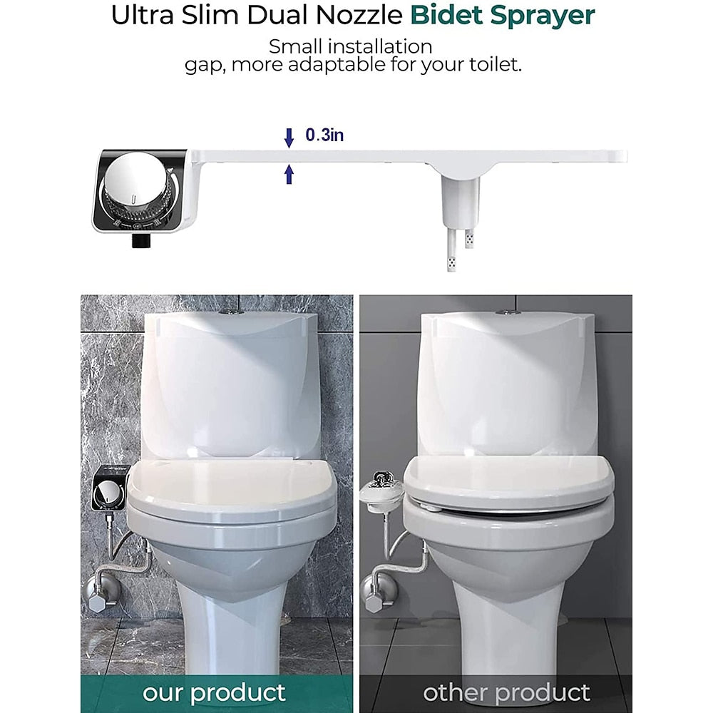 Matte White Non-Electric Dual-Nozzle Toilet Bidet Attachment, Self-Cleaning Bidet Sprayer with Adjustable Water Pressure Controls
