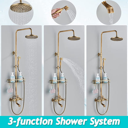 Antique Brass Rainfall Shower System, Wall-Mount Double Cross Handle Shower Faucet with Handheld Shower / Swivel Tub Spout