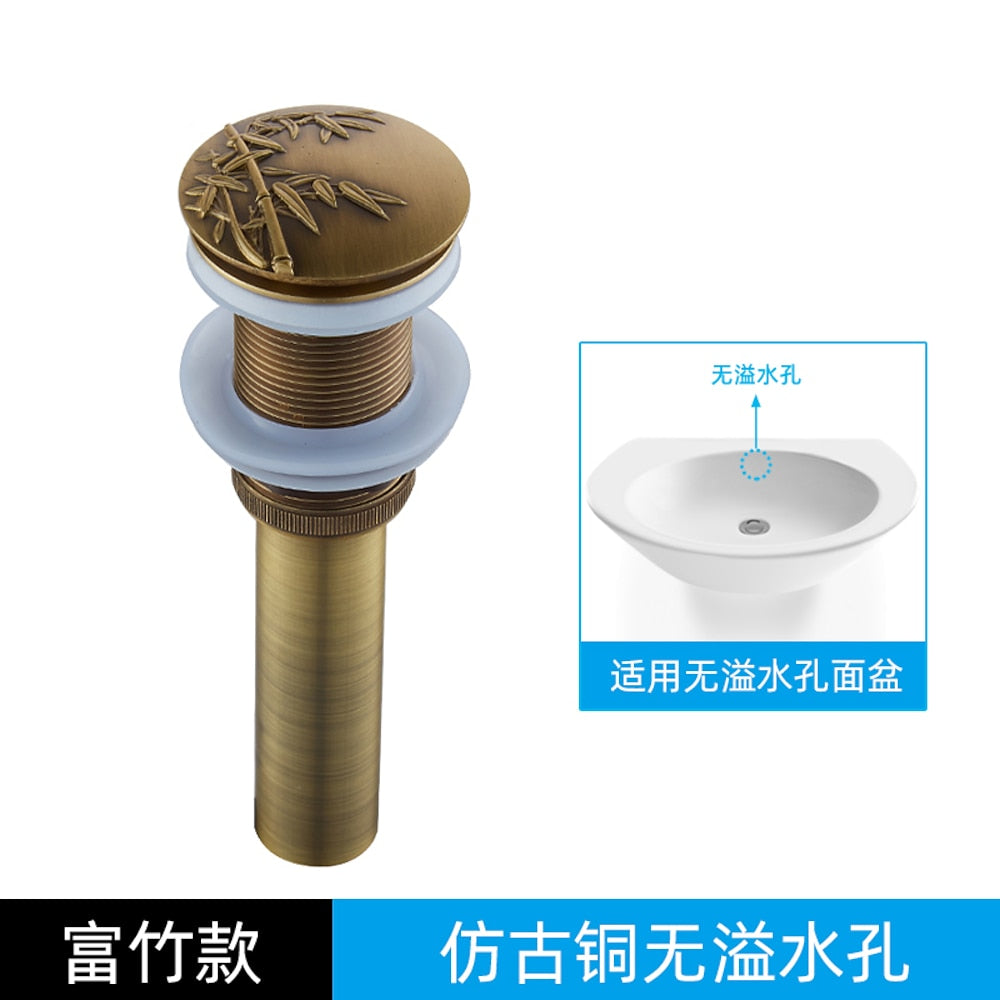 Antique Brass Engraved Bathroom Sink Pop-Up Drain, Solid Brass Vanity Basin Drain Assembly, With / Without Overflow