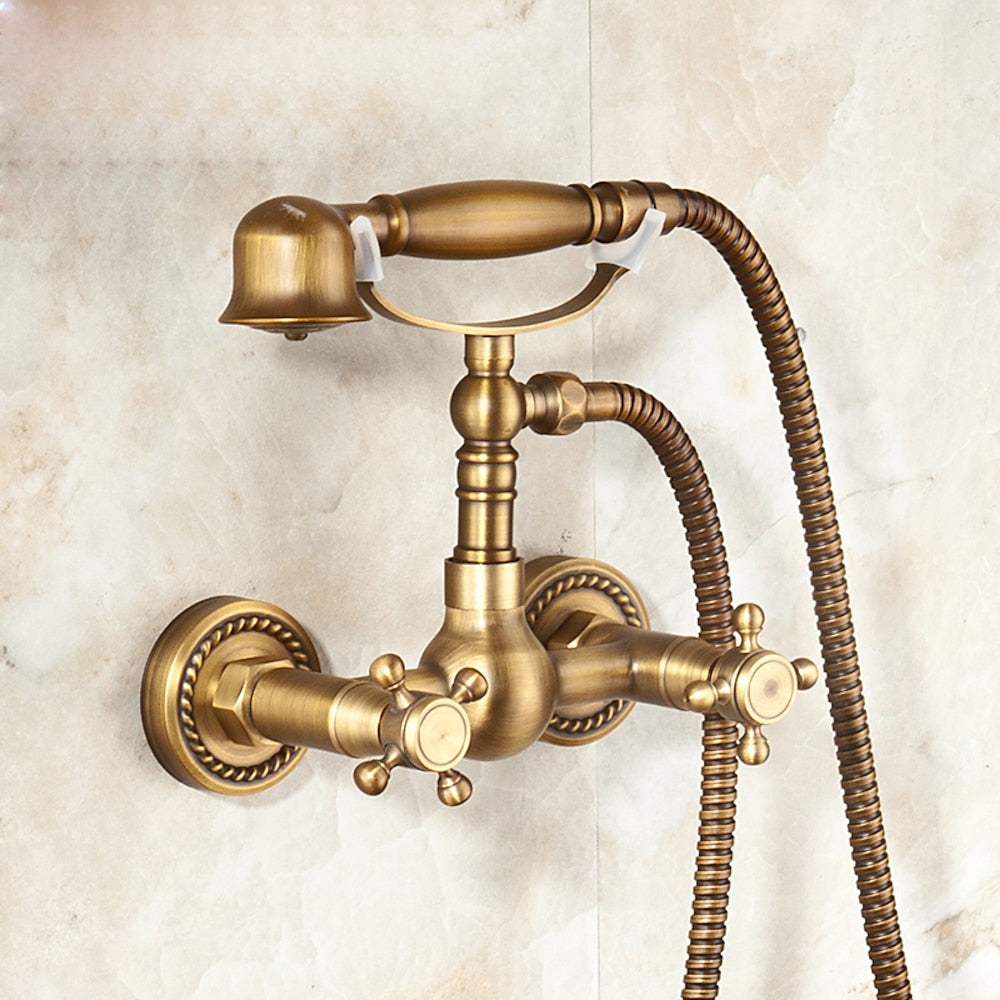 Antique Brass Wall-Mount Tub Filler Faucet, Double Cross Handle Telephone Bath Mixer Tap with Handheld Shower