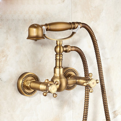 Antique Brass Wall-Mount Tub Filler Faucet, Double Cross Handle Telephone Bath Mixer Tap with Handheld Shower