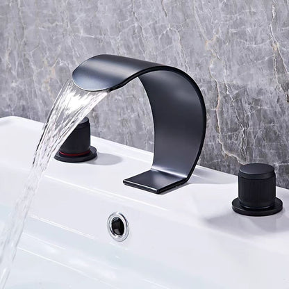 Modern Waterfall Widespread Bathroom Faucet, Double Knob Handle Brass Faucet, Brushed Gold / Matte Black / Chrome / Gunmetal / Matte White
