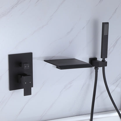 Waterfall Wall-Mount Tub Faucet, Single-Handle Tub Filler with Handheld Shower, Matte Black / Chrome
