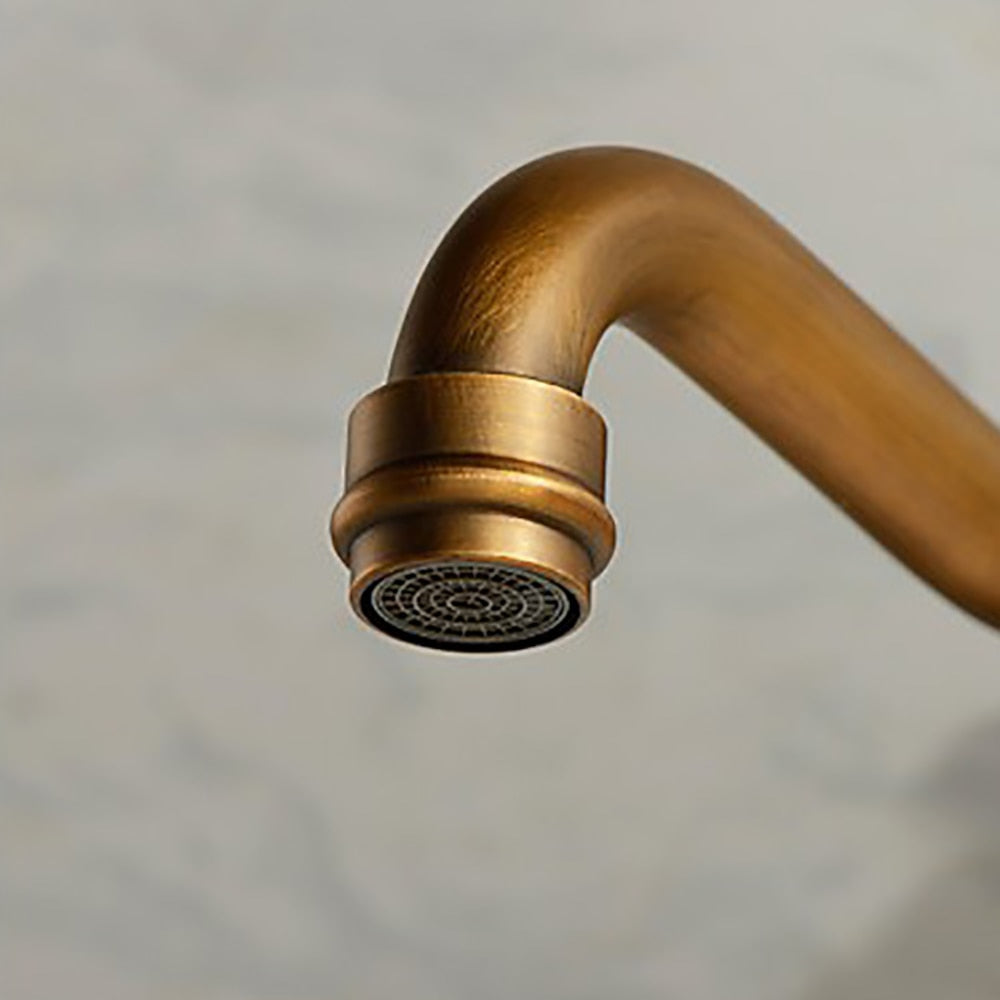 Antique Brass Wall-Mount Bathroom Faucet, Double Cross Handle Swivel Spout Faucet
