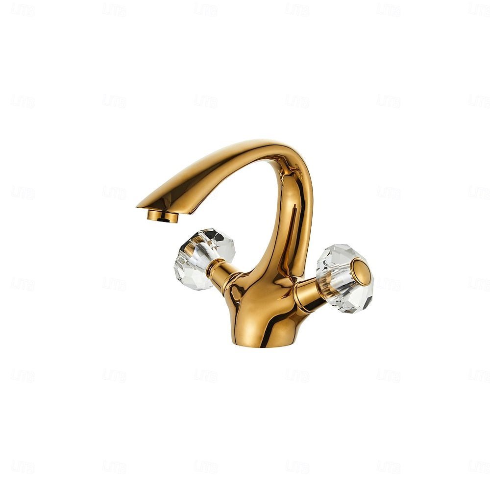 Polished Gold Modern Bathroom Sink Faucet, Single-Hole Dual-Handle Brass Faucet with Crystal Knob Handles