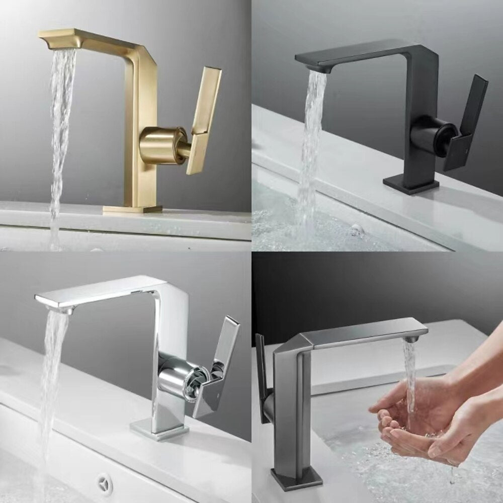 Modern Waterfall Bathroom Faucet, Single-Handle Brass Faucet, Chrome / Matte Black / Brushed Gold / Gunmetal