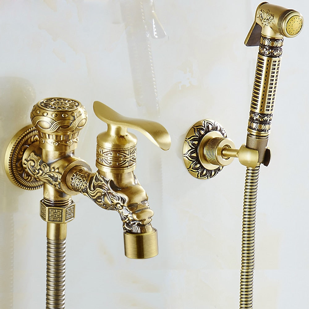 Antique Brass Wall-Mount Bidet Faucet, Handheld Toilet Sprayer Set