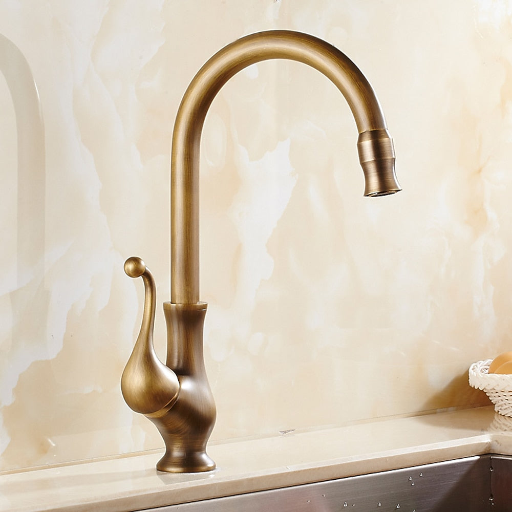 Antique Brass Traditional High Arc Kitchen Faucet, Single-Handle Single-Hole Brass Faucet with Swivel Spout