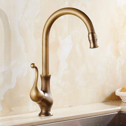 Antique Brass Traditional High Arc Kitchen Faucet, Single-Handle Single-Hole Brass Faucet with Swivel Spout