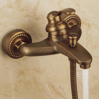 Antique Brass Vintage Wall-Mount Tub Filler Faucet, Single-Handle Brass Faucet with Handheld Shower