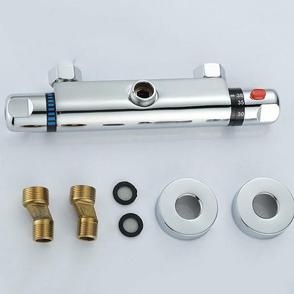 Chrome Wall-Mount Thermostatic Shower Valve, Dual-Knob Brass Mixer Bar with 38°C Safety Button