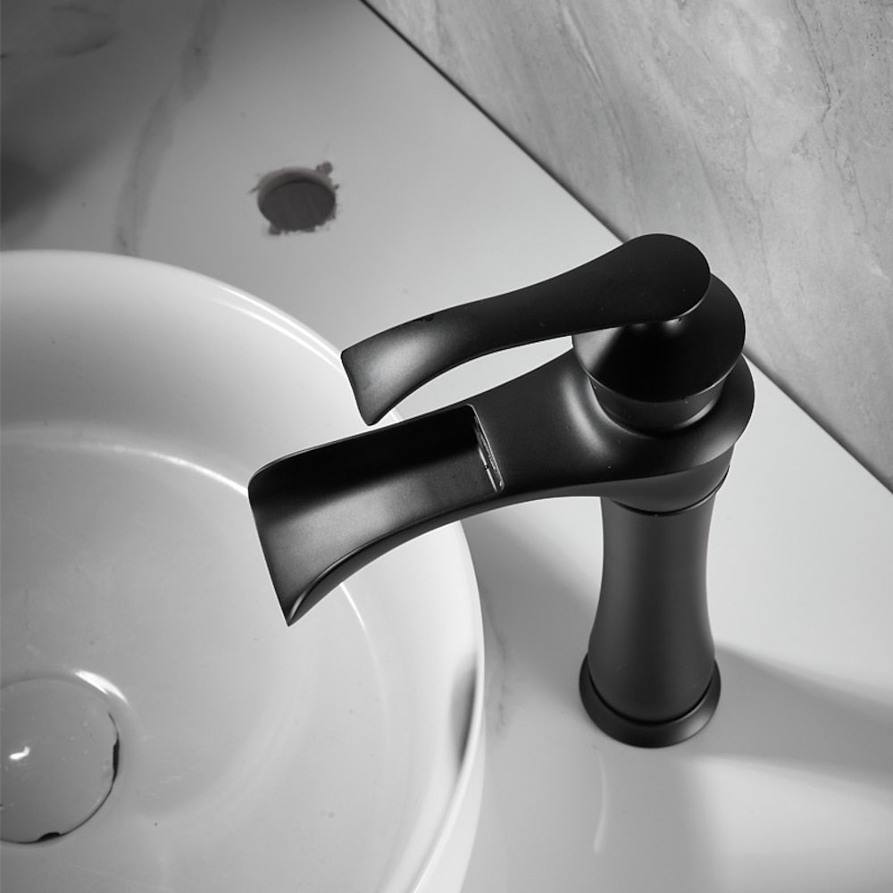Matte Black Waterfall Vessel Bathroom Faucet, Single-Handle Single-Hole Basin Faucet