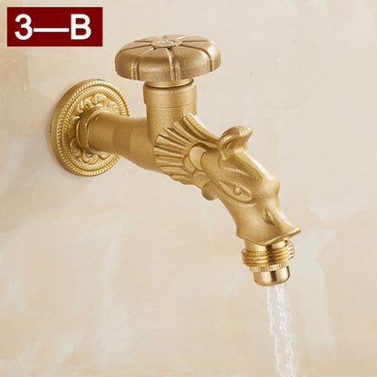 Vintage Dragon Wall-Mount Garden Faucet, Single Wheel Handle Outdoor Faucet, Antique Brass / Matte Black / Brushed Gold