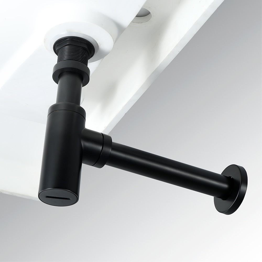 Contemporary Round Brass Bottle P-Trap, Bathroom Basin Sink Drain with Pop-Up Drain, Matte Black / Chrome