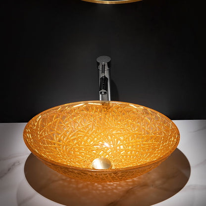 Orange Oval Glass Vessel Sink with Chrome Faucet, Single-Handle Bathroom Vessel Faucet with Pop-Up Drain