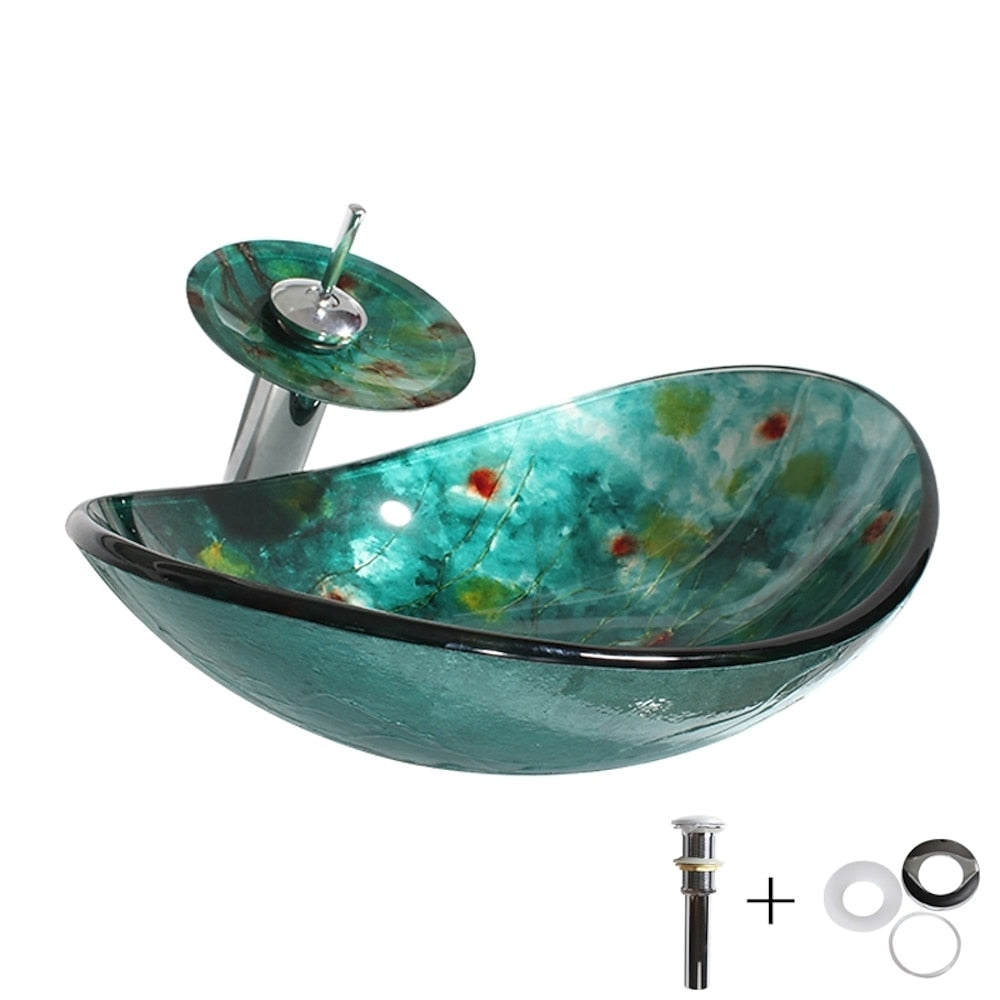 Green Art Tempered Glass Waterfall Vessel Sink Faucet Set, Single-Handle Chrome Deck-Mount Faucet with Pop-Up Drain