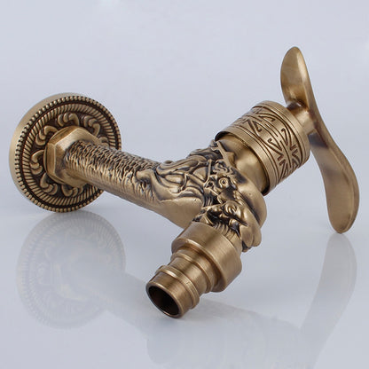 Antique Brass Carved Dragon Faucet, Single-Handle Wall-Mounted Outdoor Tap