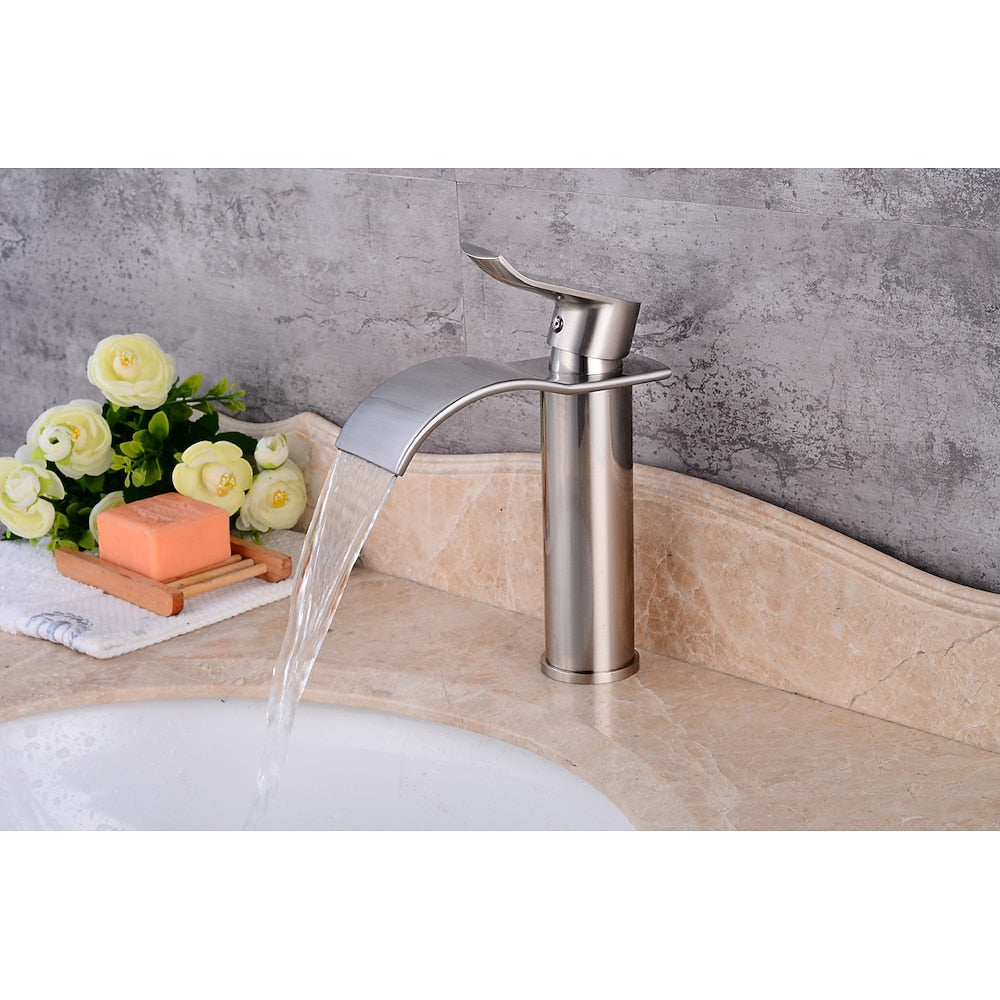 Waterfall Brushed Nickel Bathroom Faucet, Single-Hole Single-Handle Brass Faucet
