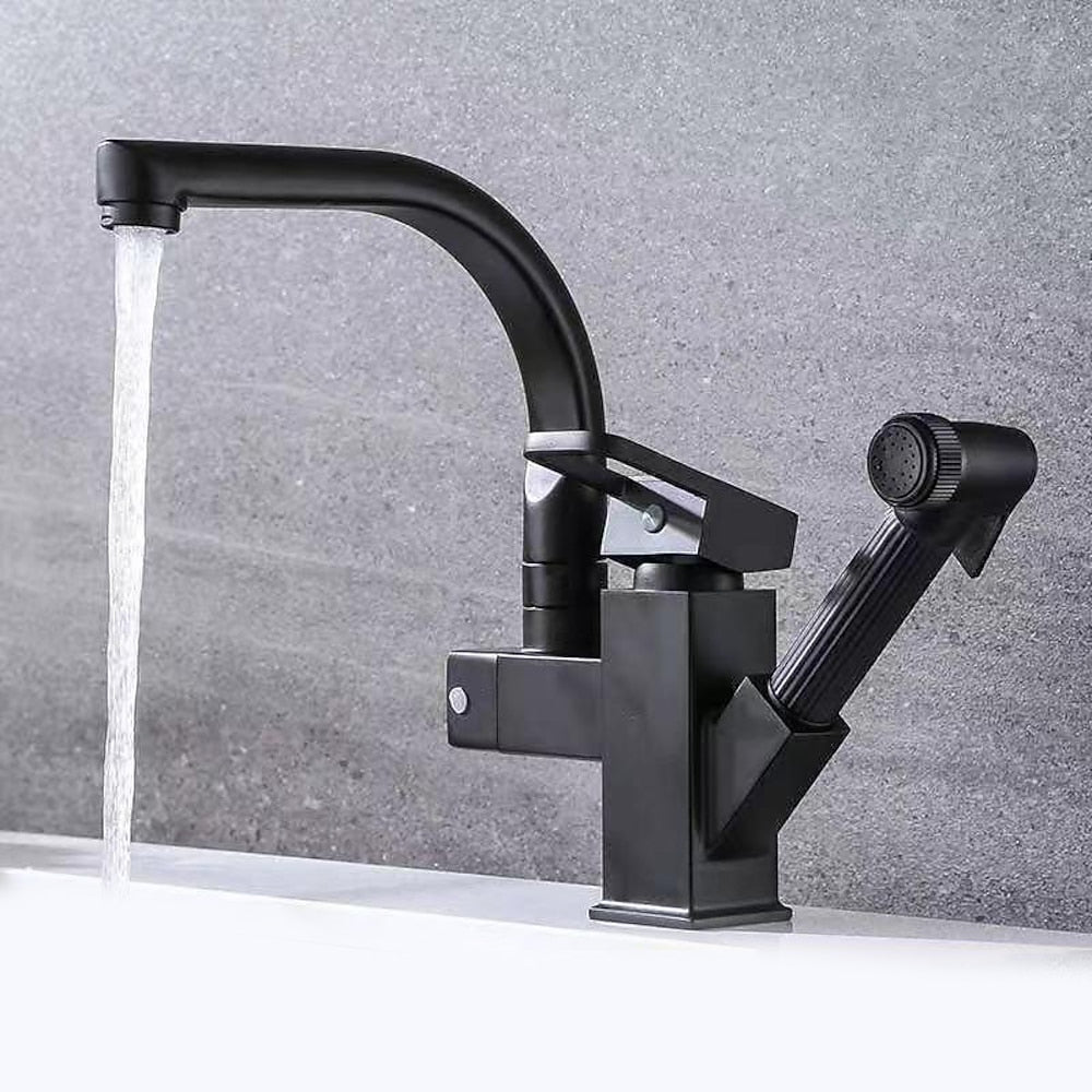 Modern Single-Handle Kitchen Faucet, Swivel Spout Faucet with Pull-Out Sprayer, Matte Black / Chrome