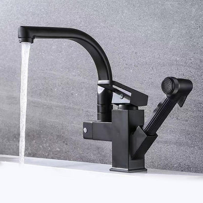 Modern Single-Handle Kitchen Faucet, Swivel Spout Faucet with Pull-Out Sprayer, Matte Black / Chrome