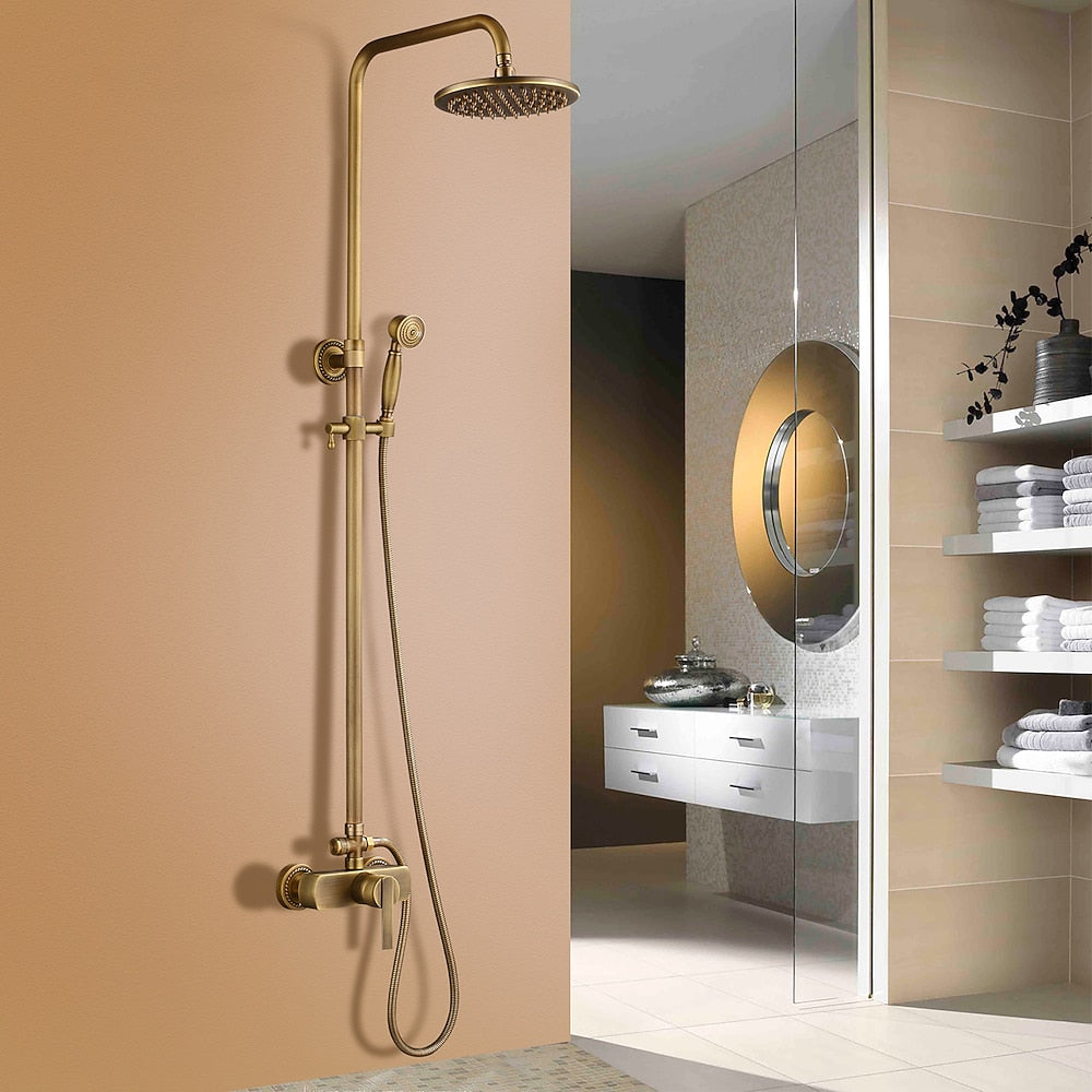 Antique Brass Wall-Mount Rainfall Shower System, Single-Handle Shower Faucet Set with Handheld Shower