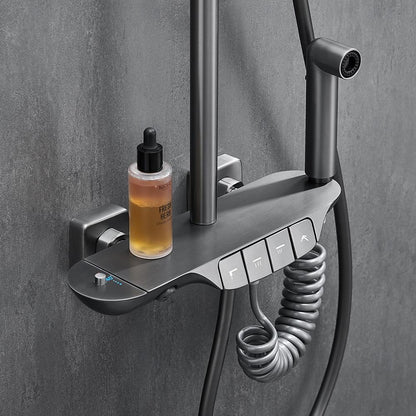 Thermostatic Wall-Mount Shower System, Multi-Function Rainfall Faucet with Handheld Shower, Chrome / Gunmetal