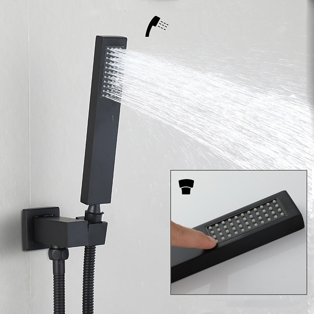 Matte Black Wall-Mounted Rainfall Shower System, Concealed Shower Faucet Set with Handheld Shower