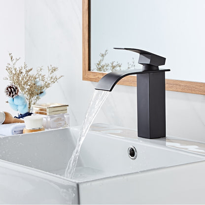 Waterfall Single-Hole Bathroom Faucet, Modern Single-Handle Vessel Sink Faucet, Matte Black / Polished Gold