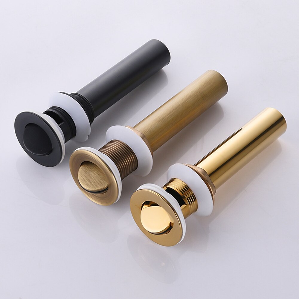 Modern Solid Brass Pop-Up Sink Drain with Overflow, Push-Button Bathroom Vanity Sink Drain Assembly, Antique Brass / Matte Black / Polished Gold