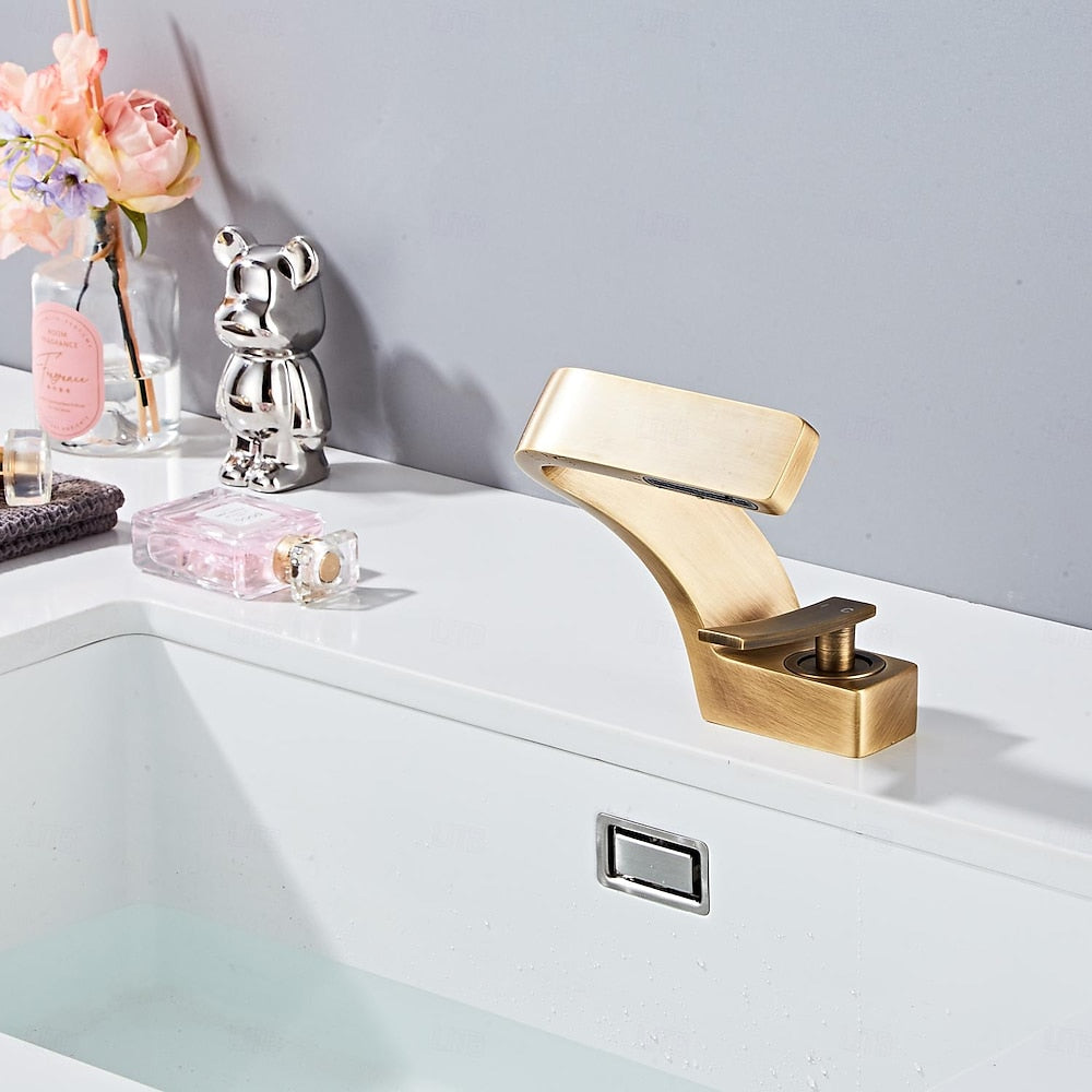 Antique Brass Waterfall Bathroom Faucet, Single-Hole Single-Handle Sink Faucet