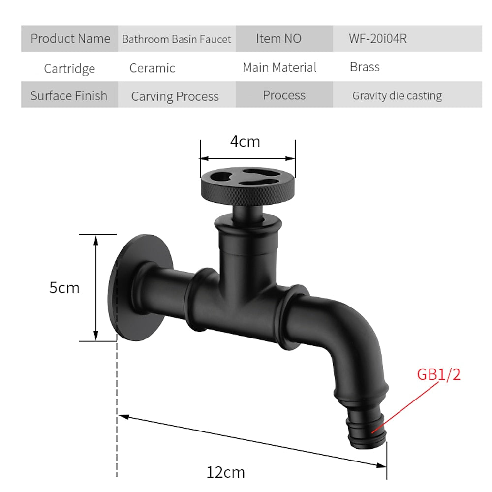 Industrial Single-Cold Wall-Mount Faucet, Single-Handle Brass Utility Faucet with Wheel Handle, Matte Black / Polished Gold